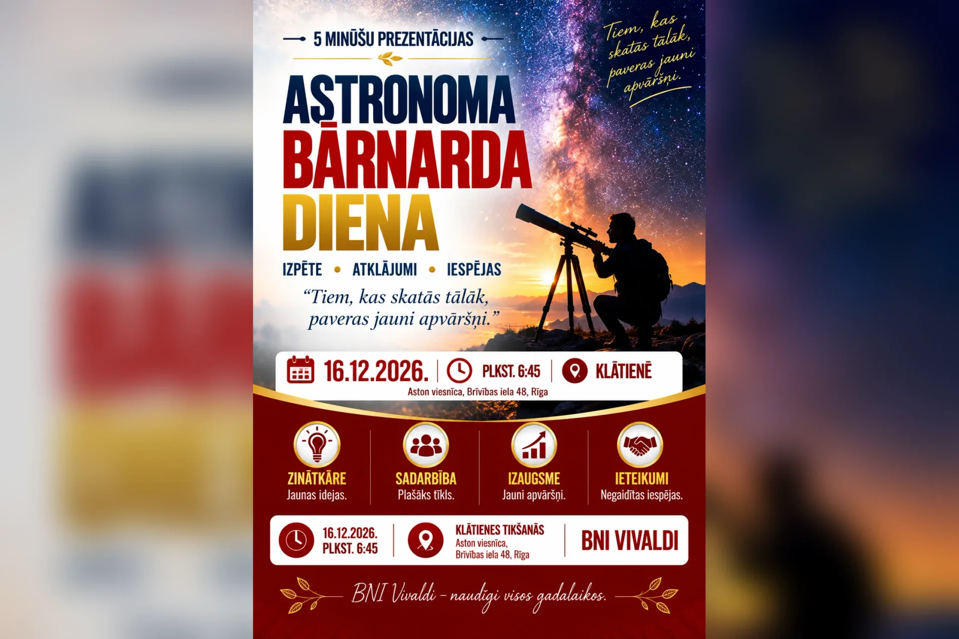 BNI Vivaldi klātienes tikšanās | Astronoma Bārnarda diena